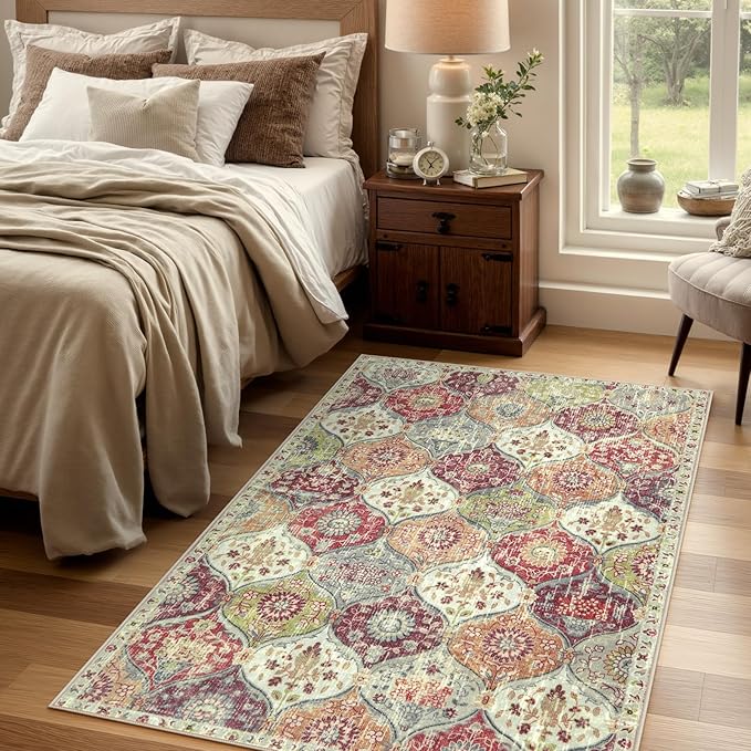Lahome Moroccan Trellis Washable Small Area Rug, 3x5 Black Rug for Bedroom Living Room, Non-Slip Oriental Throw Carpet for Kitchen Office Entryway Bathroom Office Elise, Orange/Terracotta