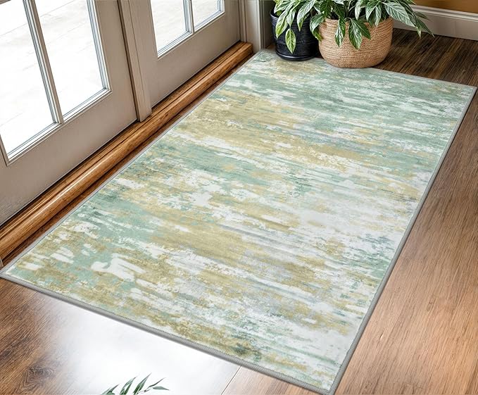 KOZYFLY Modern Abstract 3x5 Area Rug Washable Bedroom Rug Light Green Yellow, Throw Entry Mat Non-Slip Stain Resistant Carpet Dining Room Rug with Soft Low Pile for Living Room Kitchen Bath Office