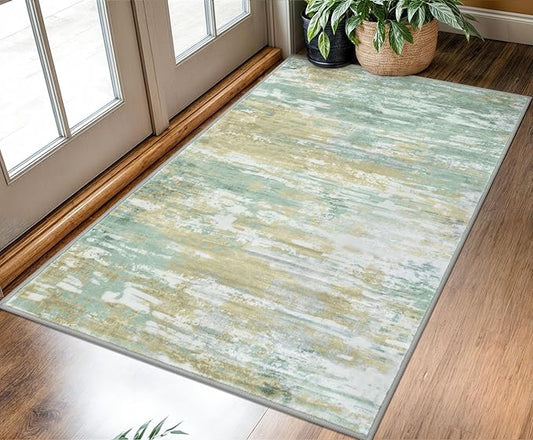 KOZYFLY Modern Abstract 3x5 Area Rug Washable Bedroom Rug Light Green Yellow, Throw Entry Mat Non-Slip Stain Resistant Carpet Dining Room Rug with Soft Low Pile for Living Room Kitchen Bath Office