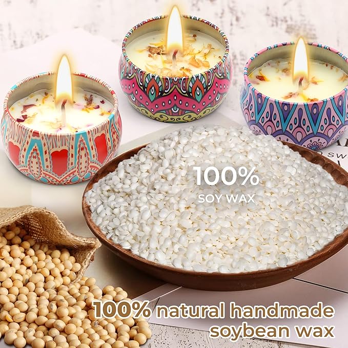 Scented Candles Gift Set for Women Soy Candles 4 Pack Natural Aromatherapy with Dried Flowers in Reusable Tins Relaxation Gift for Birthday Mother's Day Valentine's Day Christmas New Home