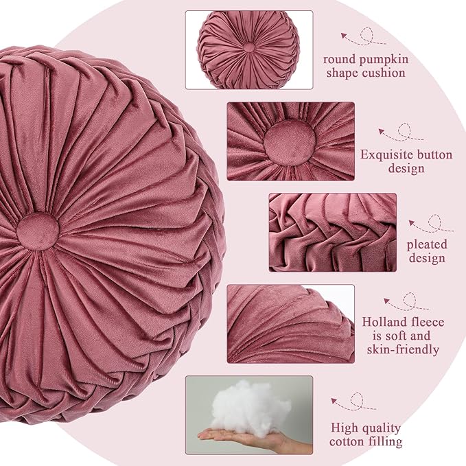 Drydiet 2 Pcs Round Throw Velvet Pillows Decorative Pleated Throw Pillows 15'' Diameter Accent Pumpkin Boho Chair Cushion for Couch Sofa Home Decoration (Dusty Rose)