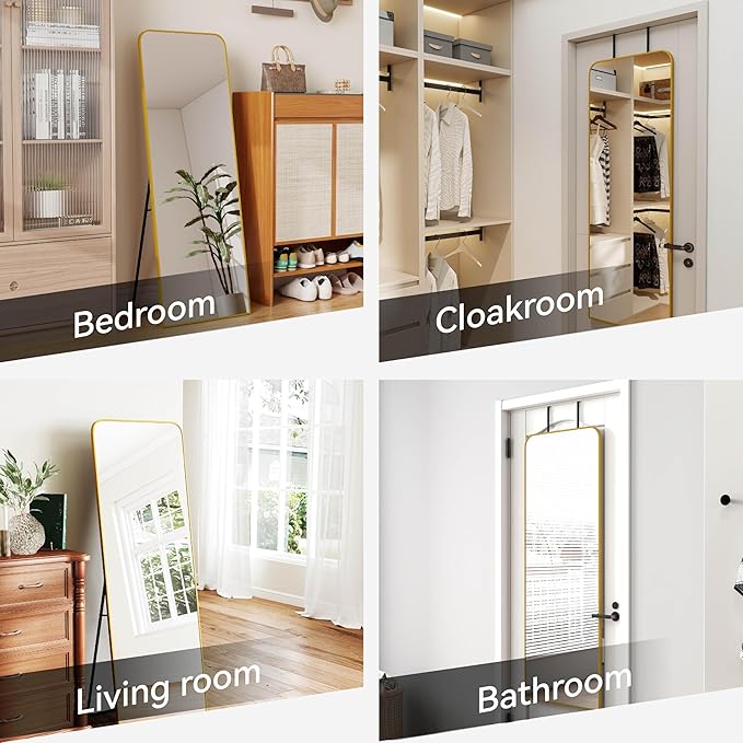SCWF-GZ 57x20 Door Hanging Full Length Mirror, Floor (Height 5.7ft just Body in 1.3ft) or Wall Mounted Metal Frame Rectangle Dressing Mirrors for Bedroom Bathroom Living Room 57 inch Gold