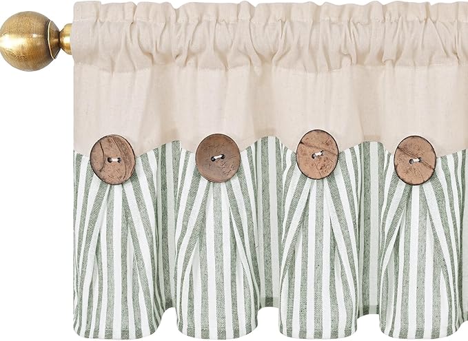 ASPMIZ Cotton Linen Kitchen Curtains Valance, Boho Rustic Button Valances for Windows Farmhouse Style, Green Stripe Window Valances for Bathroom Cafe, Tie Up Valance for Kitchen Windows, 60 x 14 Inch