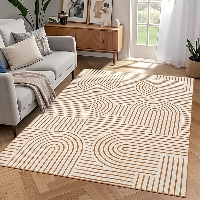 ROYHOME Washable Rug 3x5 Area Rugs for Living Room, Abstract Rug for Bedroom, Soft Rainbow Non Slip Throw Rugs with Rubber Back, Low Pile Stain Resistant Boho Geometric Carpet for Dining Room, Orange