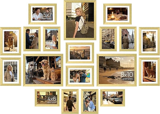 upsimples 19 Pack Picture Frames Collage Wall Decor for Mounting or Tabletop Display, Photo Gallery Frame Set for Family, Multi Sizes Including 8x10, 5x7, 4x6, Gold