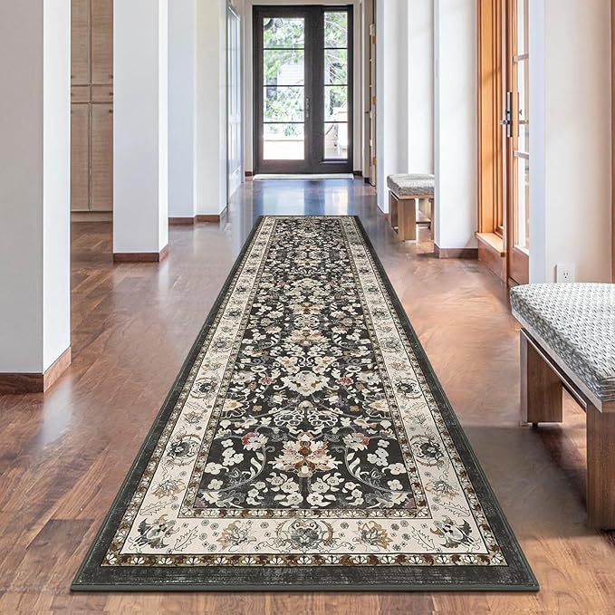 LOKHOM Washable Runner Rug, 2x8 Non Slip Vintage Hallway Runner Rug with Rubber Backing, Boho Floral Soft Faux Wool Kitchen Rug Carpet Runner for Kitchen Laundry Entryway Bedroom (Black)