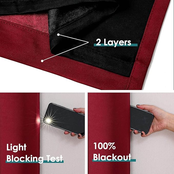 ChrisDowa 100% Blackout Curtains 63 inch Long for Bedroom with Black Liner, Extra Wide 2 Thick Layers Total Blackout Thermal Insulated Grommet Window Curtains 2 Panels Set (Burgundy, 60 x 63 Inch)