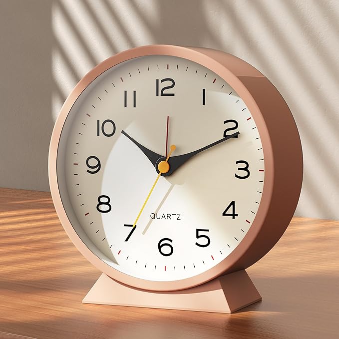 AYRELY?? 4.5" Analog Alarm Clock,Small Retro Desk Clock Battery Operated,Slient Metal Table Clock with Light for Living Room Decor,Bedroom,Bedside,Shelf(Light Pink)