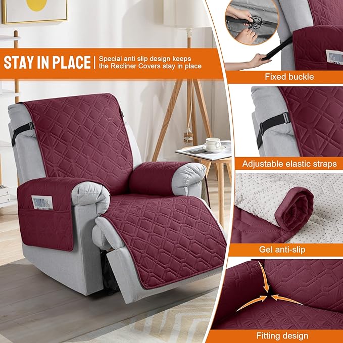 VANSOFY 100% Waterproof Recliner Chair Covers, Recliner Cover Non-Slip Dog Chair Cover Furniture Protector Washable Slipcover with Pocket, Elastic Straps for Pets, Dogs(Burgundy, 25")