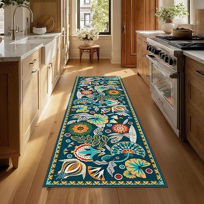Joydeco Egypt Floral Boho 2x6 Runner Rug for Hallway Entrance, Dark Green Bathroom Kitchen Rug Runner Non Slip Washable, Vintage Ultra-Thin Carpet for Entryway Laundry Room Bed Beside