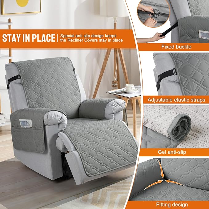 VANSOFY 100% Waterproof Recliner Chair Covers, Recliner Cover Non-Slip Dog Chair Cover Furniture Protector Washable Slipcover with Pocket, Elastic Straps for Pets, Dogs(Gray, 22")