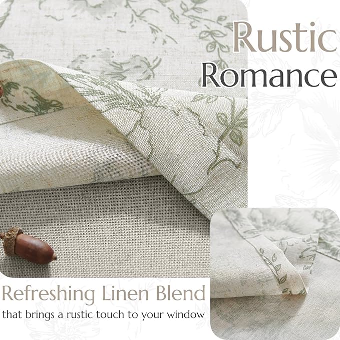 jinchan Linen Floral Valance Double Layer Kitchen Window Curtain Green Flower on Beige Valance for Living Room Cafe Farmhouse Light Filtering Rustic French Country Sage 18 Inch Rod Pocket 1 Panel