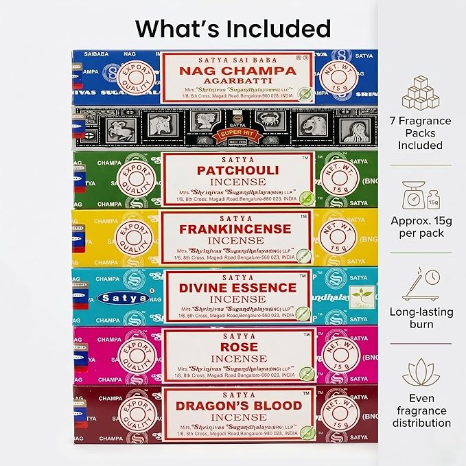 Satya Incense Gift Set Nag Champa, Super hit, Dragon's Blood, Frankincense, Patchouli, Rose, Divine Essensce, 15 g (Divine)