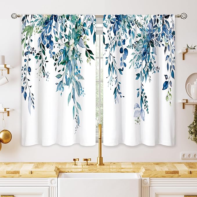 Teal Eucalyptus Botanical Leaves Floral Small Kitchen Curtains Blue Flower Window Treatment Wildflower Plant Cafe Short Window Curtains for Bathroom Room Tier Treatment Drapes 26x24 inch