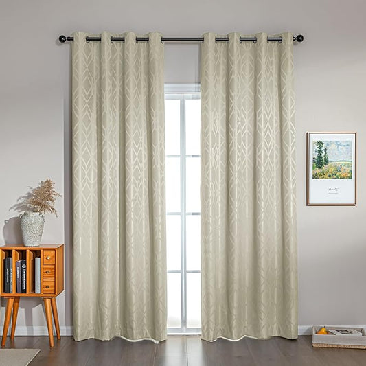 Amazon Basics Jacquard 2-Piece 100% Blackout Curtains, Living Room and Bedroom Drapes, Thermal Insulated Window Treatment, 52"x95", Beige