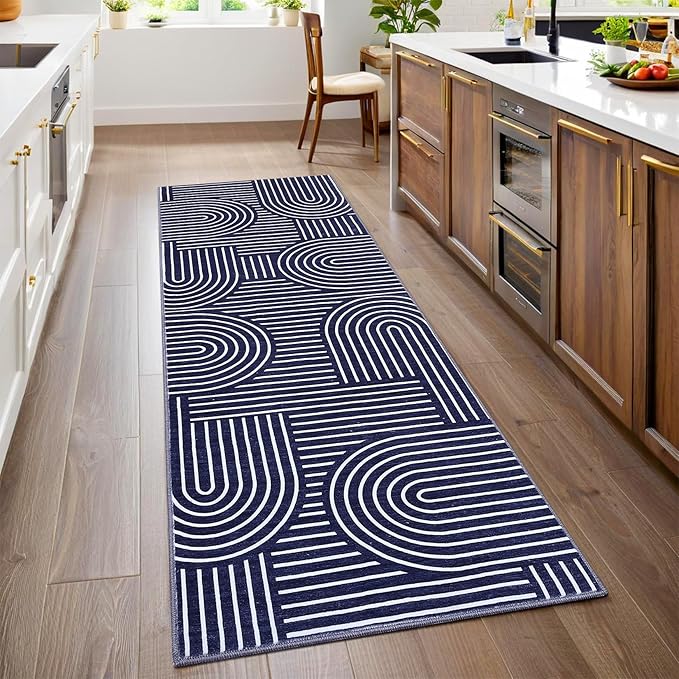 ROYHOME Modern Rug 2.5x8 Runners for Hallways, Abstract Kitchen Runner Rugs Non Slip Bath Runners, Rainbow Washable Runner Rug for Bedroom, Soft Long Rugs for Entryway Bathroom Laundry Dorm, Blue