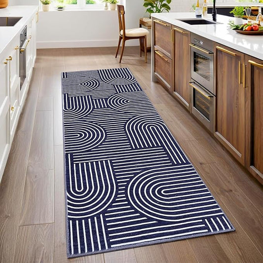 ROYHOME Modern Rug 2.5x8 Runners for Hallways, Abstract Kitchen Runner Rugs Non Slip Bath Runners, Rainbow Washable Runner Rug for Bedroom, Soft Long Rugs for Entryway Bathroom Laundry Dorm, Blue