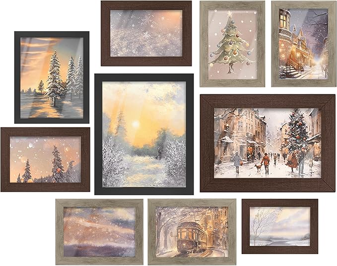SONGMICS Picture Frames, Collage Picture Frames Set of 10, Two 8x10, Four 5x7, Four 4x6, Photo Frame for Wall Gallery Decor, Table Display, Glass, Maroon Brown, Heather Greige, Ash Black URPF010K03
