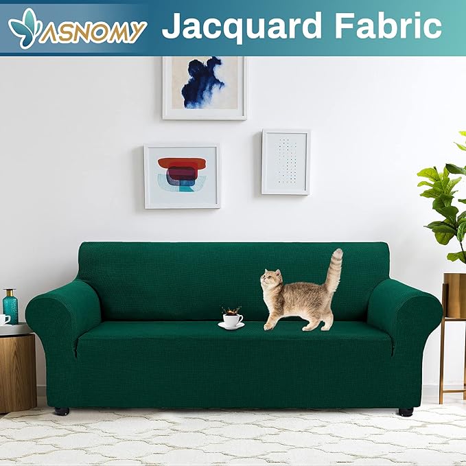 Asnomy Couch Covers for 3 Cushion Couch Stretch Sofa Covers Slipcovers, Pet Protector Furniture Covers for Dogs Cats Spandex Jacquard Fabric Small Checks （Large，Blackish Green）