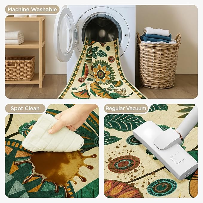 Joydeco Egypt Floral Washable Runner Rug for Hallway Entryway, Boho 2x8 Beige Bathroom Kitchen Runner Rugs Non Skid Washable, Vintage Non Slip Throw Carpet for Laundry Room Entrance