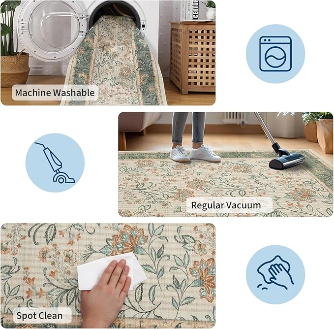 GarveeHome Small Sage Green Entryway Rug, 2x3 Washable Front Door Rug Indoor Entrance French Floral Carpet Non-Slip Beige Throw Rugs for Kitchen, Powder Room, Entry, Bathroom, Kids Room