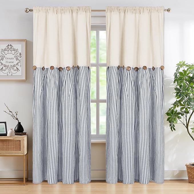 ASPMIZ Cotton Linen Farmhouse Curtains Boho Rustic Button Drapes, Linen Window Curtain Panels, Blue Stripe Country Curtain for Living Room, Modern Back Tab Blackout Curtains 52 x 84 Inch, 2 Panels