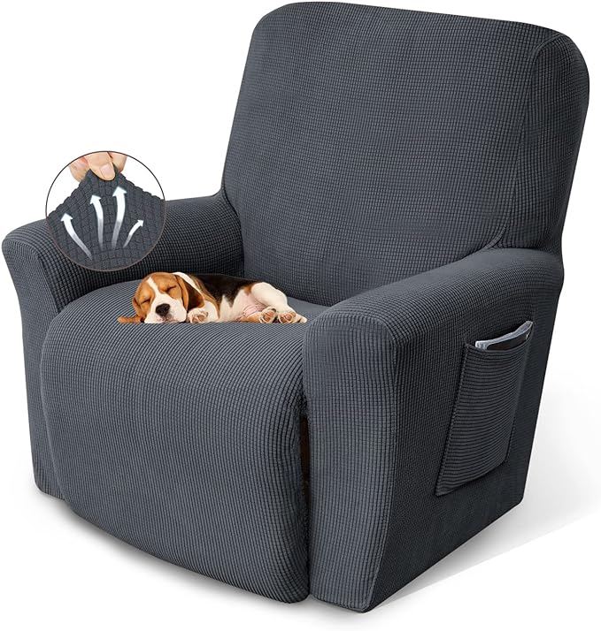 KEKUOU Recliner Chair Covers Lazy Boy Recliner Covers Stretch Couch Cover Slipcovers 1 Piece Furniture Protector with Elastic Bottom for Dog,Kids.(Recliner, Charcoal)