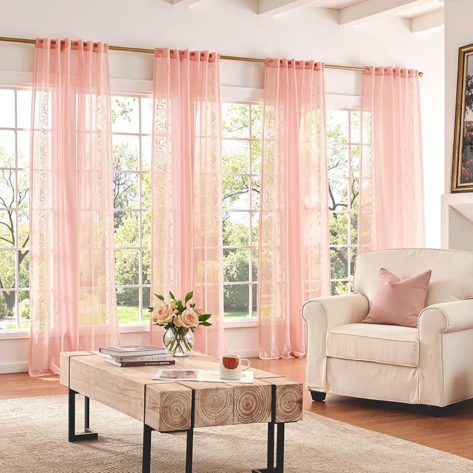 jinchan Winslow Sheer Curtains 96 Inch for Bedroom Living Room Embroidered Bordered Floral Nursery Curtains for Girls Room Light Filtering, 2 Panels, 50W x 96L