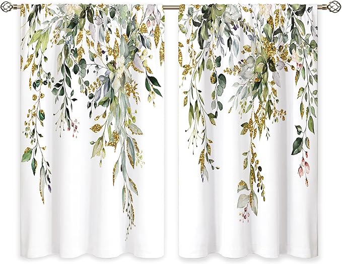 Eucalyptus Botanical Leaves Green Gold Floral Kitchen Window Curtains over Sink Farmhouse Flower Leaf Small Window Treatment Cafe Short Curtains for Bathroom Treatment Tier Drapes 27.5x39 inch