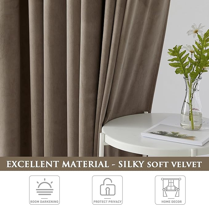 StangH 2 Panels Velvet Curtains Taupe Farmhouse Decor 96 inches Long, Super Soft Window Drapes Heat & Cold Blocking for Nursery Light Blocking for Kid Bedroom, W62 x L96