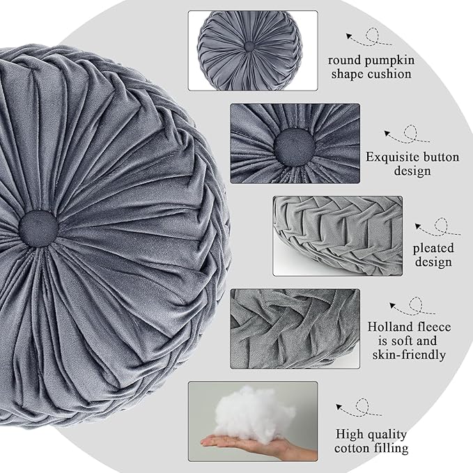 Drydiet 3 Pcs Round Throw Velvet Pillows Decorative Pleated Throw Pillows 15'' Diameter Accent Pumpkin Boho Chair Cushion for Couch Sofa Home Decoration (Black,White,Gray)