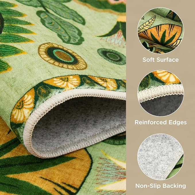 Joydeco Egypt Floral Area Rugs 9x12 Living Room, Large Sage Green Washable Carpet for Bedroom Playroom, Boho Vintage Non Slip Indoor Throw Rug for Dining Room Nursery Dorm Classroom, Green