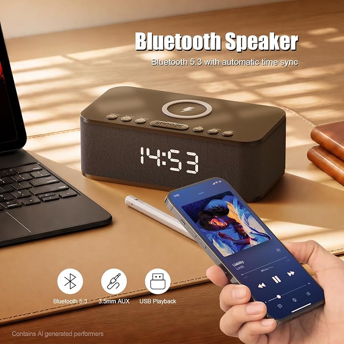 Alarm Clocks for Bedrooms, Wireless Charger, Bluetooth Speaker, White Noise Machine, Digital Clock with Dual Alarm, Dimmable Display, USB Charging Port, Black - Image 6