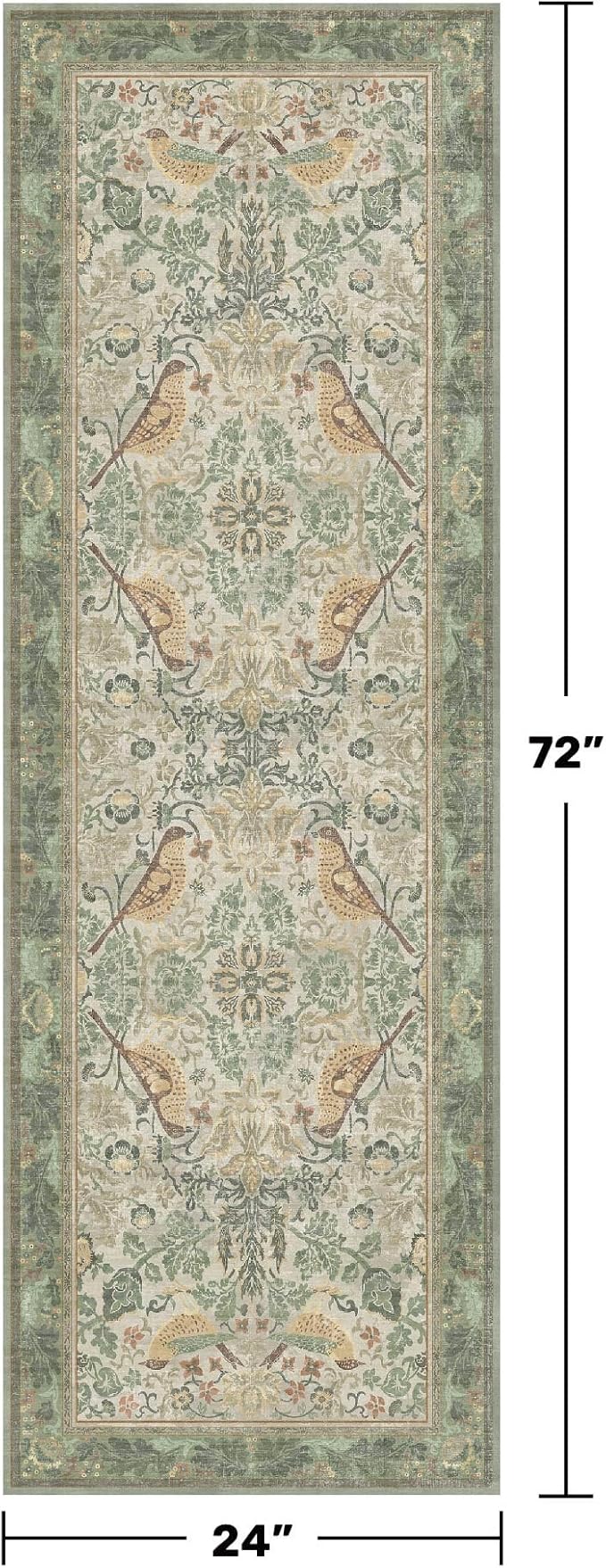 Hazo Haus Boho Long Bathroom Runner Rug 2x6 - Floral & Bird Runner Rug for Kitchen Floor, Hallway, Laundry Room, Bedroom, Entrance, Sage Green Vintage Decor, Washable Non Slip Low Pile - Light Green