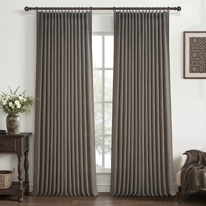 Extra Long 120 Inch Pleated Curtains for Room Divider 2 Panels Set, Chocolate Tart Memory Shape Natural Flax Linen Textured Curtain 10FT Length Light Filtering Semi Sheer Large Window Drapes Bedroom