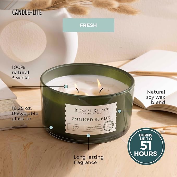 Candle-Lite Scented Candles for Men, Smoked Suede Fragrance, 16.25 oz Jar, 3-Wick, 51 Hours of Burn Time, Masculine Aromatherapy with Long Lasting Scent, Ideal Gift for Father's Day and Home Decor