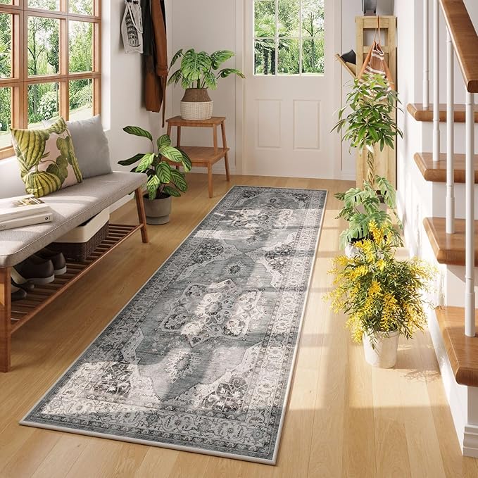 Rugcomf Vintage Medallion Kitchen Runner 2'x6' - Machine Washable Rug, Non-Slip Low Pile Boho Carpet for Hallways, Laundry, Bedroom, Bathroom - Grey and White