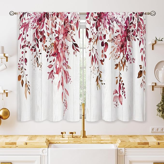 Wooden Burgundy Eucalyptus Small Kitchen Curtains Red Leaves Window Treatment Flower Floral Plant Botanical Cafe Short Curtains for Bathroom Dining Fall Tier Treatment Drapes 27.5x39 inch