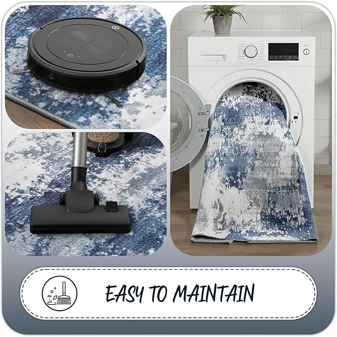 Blue Round Area Rugs 4ft Washable Circle Rug for Entryway Kitchen, Non Slip Soft Low Pile Stain Resistant, Boho Circular Carpet for Living Room Bedroom Dorm Dining Room Table, Abstract Navy