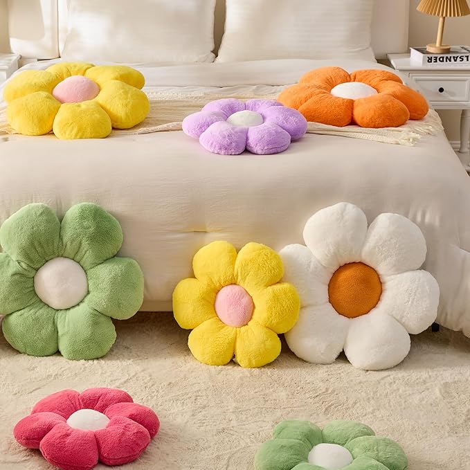 CANGHI White Pink Flower Pillow 15.74 inch Flower Shaped Throw Pillows Daisy Plush Pillow Floor Pillows Seat Cushion Cute Aesthetic Decorative Throw Pillows for Bed Home Sofa Chair Couch Decor