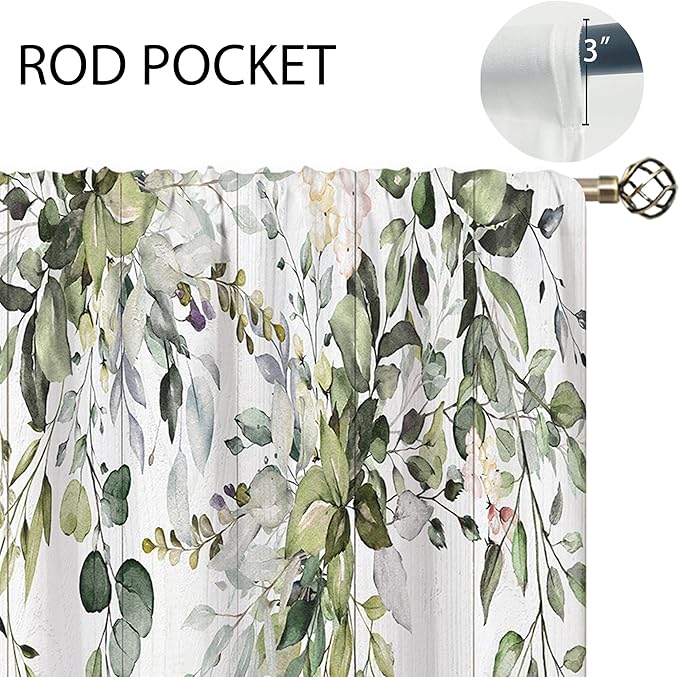 Farmhouse Wooden Eucalyptus Small Kitchen Curtains Watercolor Leaves Window Treatment Flower Floral Plant Botanical Cafe Short Curtains for Bathroom Dining Fall Tier Treatment Drape 26x30 inch