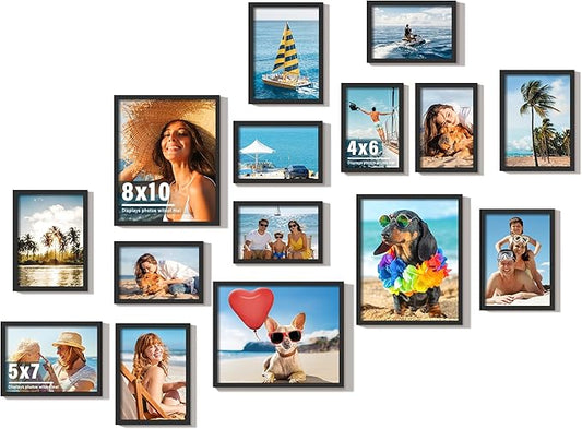 15 Pack Picture Frames Collage Wall Decor, Black Frame Set with 3pcs 8x10, 6pcs 5x7, 6pcs 4x6 for Gallery Display, Wall Mounting & Tabletop, Bulk Photo Frames for Living Room Decor