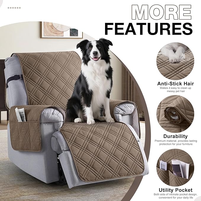 TAOCOCO 100% Waterproof Recliner Chair Cover, Small Recliner Covers for Recliner Chair with Pocket, Non Slip Reclining Chair Cover Furniture Protector for Kids, Pets(20'', Taupe)