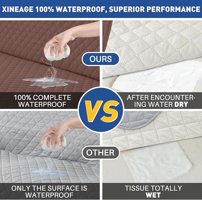 XINEAGE Quilted Chair Sofa Cover Waterproof Chair Covers for Armchair, Super Soft Washable Slipcover with Pockets & Non-Slip Elastic Straps, Thick Furniture Protector (Coffee)