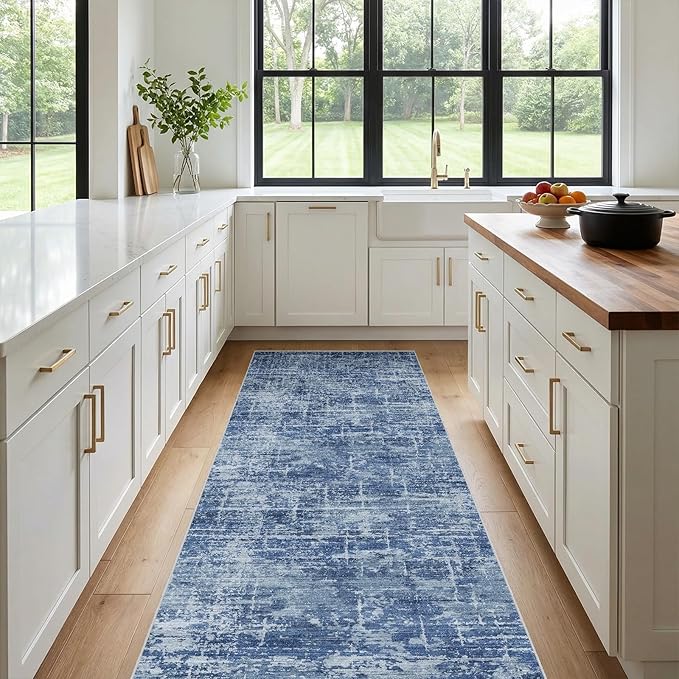 3x7 Washable Kitchen Runner Rug - Modern Abstract Neutral Carpet with Non-Slip Backing Low-Pile Stain-Resistant Thin Runners for Hallway Bathroom Bedroom Entryway (3x7, Blue)