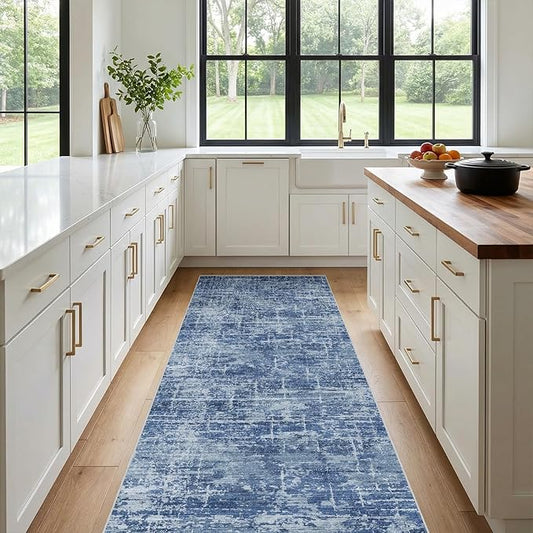3x7 Washable Kitchen Runner Rug - Modern Abstract Neutral Carpet with Non-Slip Backing Low-Pile Stain-Resistant Thin Runners for Hallway Bathroom Bedroom Entryway (3x7, Blue)