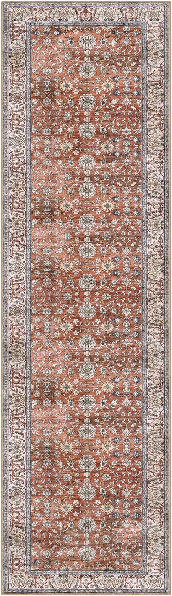 KUTA Vintage Washable Runner Rug, 2x7 Red Clay Runners for Hallways Non-Slip Kitchen Rugs Ultra Thin Soft Printed Distressed Oriental Floral Floor Carpet for Laundry Bedroom Living Room Nursery