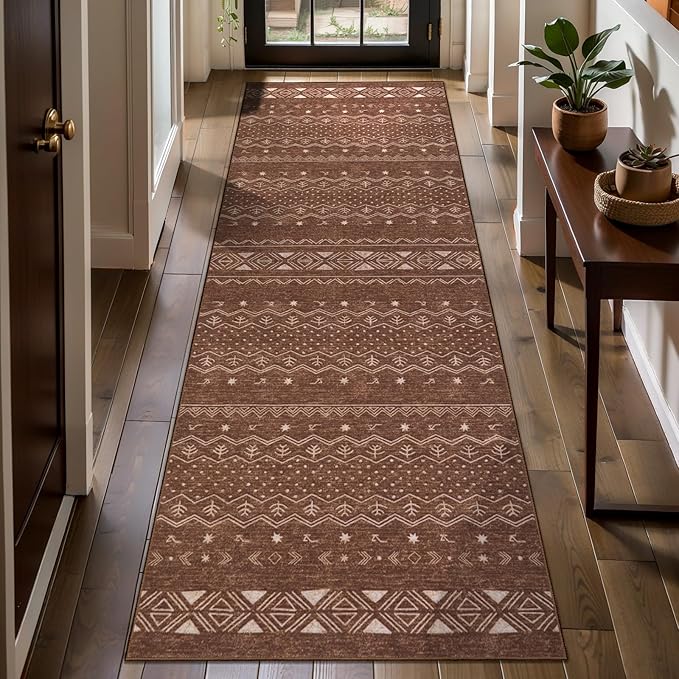 SERISSA 2x5 Kitchen Runner Rug, Washable Non-Slip Coffee Brown Boho Rug, Soft Low-Pile Geometric Indoor Carpet for Hallway Laundry Room Bathroom Bedroom Entryway