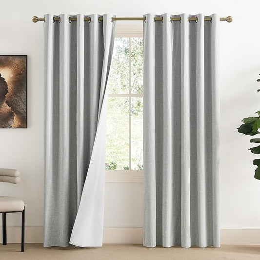 NICETOWN Grey Full Shade Linen Curtain Panels 84" Long, Pair of Energy Smart & Noise Blocking Out Blackout Drapes for Guest Room Window, Thermal Insulated Lined Window Dressing