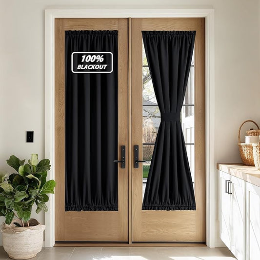 NICETOWN 100% Blackout Door Curtain Thermal Insulated Privacy Curtain for French Front Door with Adjustable Tieback, Room Darkening Window Covering for Kitchen, W30 x L72, 1 Panel, Black